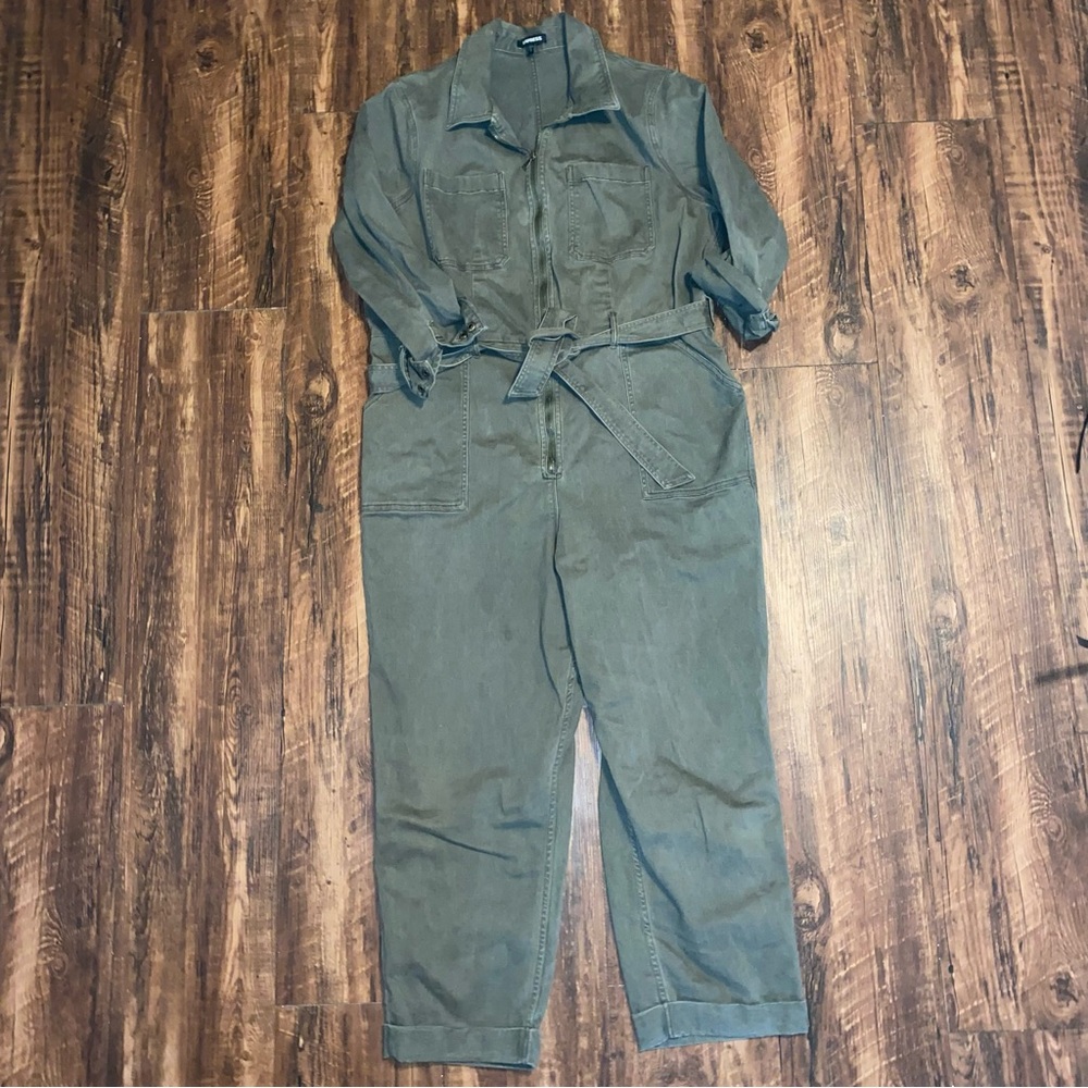 Express Army Green Belted Long Sleeve‎ Denim Jumpsuit XL